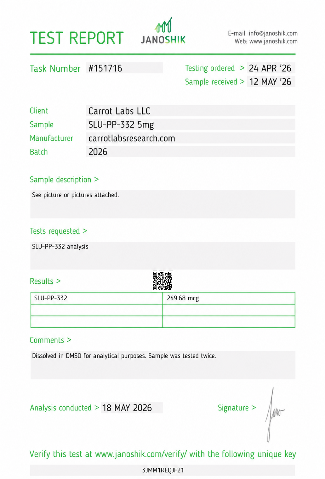 SLU-PP-332 5mg Certificate of Analysis